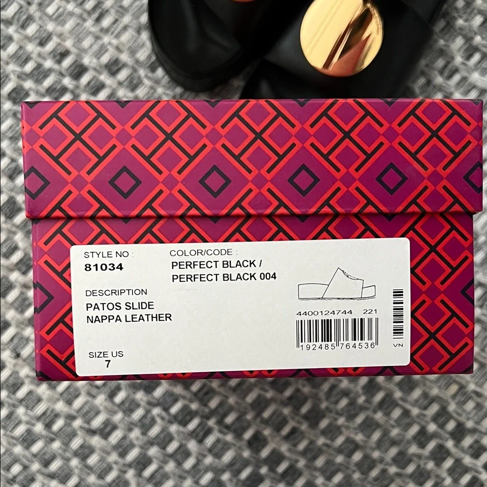 Tory Burch Black Slide Sandals with Gold Medallion Accent